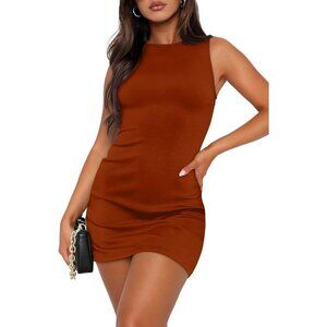 Women Summer Sleeveless Boat Neck Mini J Caramel Dress Slim Party Bodycon Dress